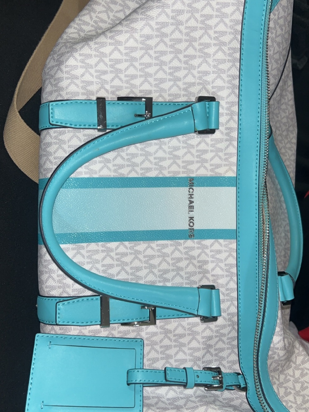 Michael Kors White and Turquoise Signature Stripe Tote